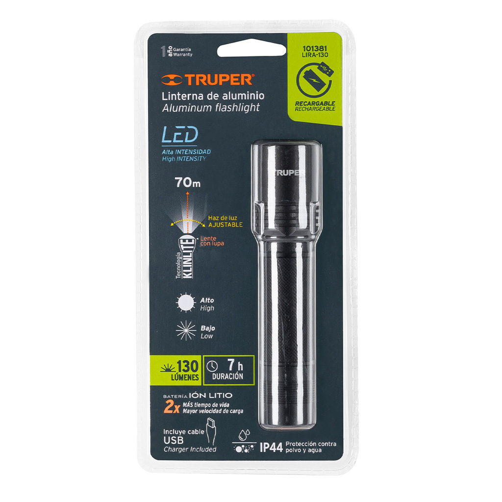 Linterna led recargable de aluminio, 130 lúmenes (Truper)